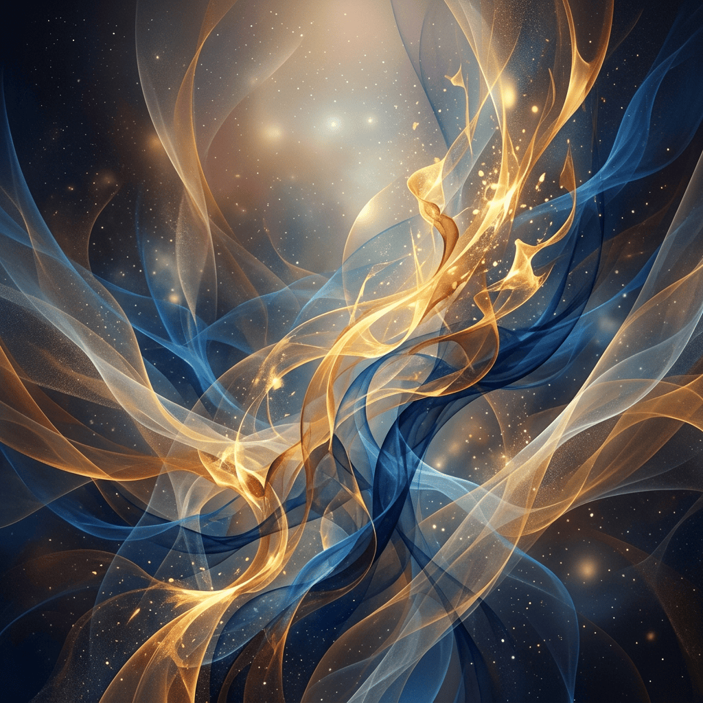 Translucent blue and gold ribbons swirling amid glowing stars